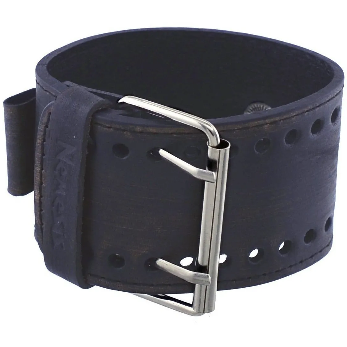 Sapphire Crystal Blue Watch with Stitched Distressed Black Leather Cuff