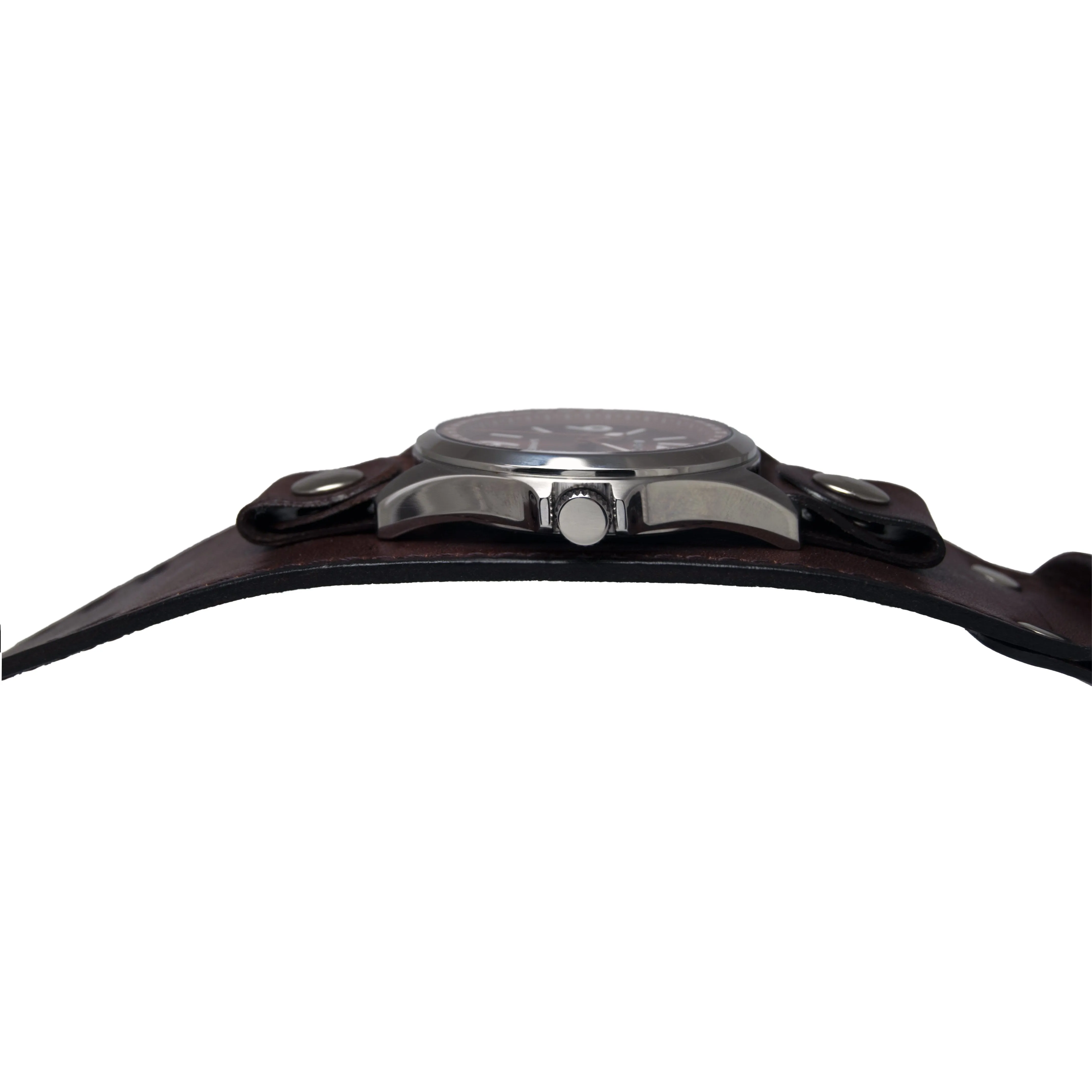 Sapphire Crystal Brown Watch with Stitched Dark Brown Leather Cuffs