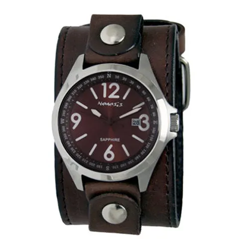 Sapphire Crystal Brown Watch with Stitched Dark Brown Leather Cuffs