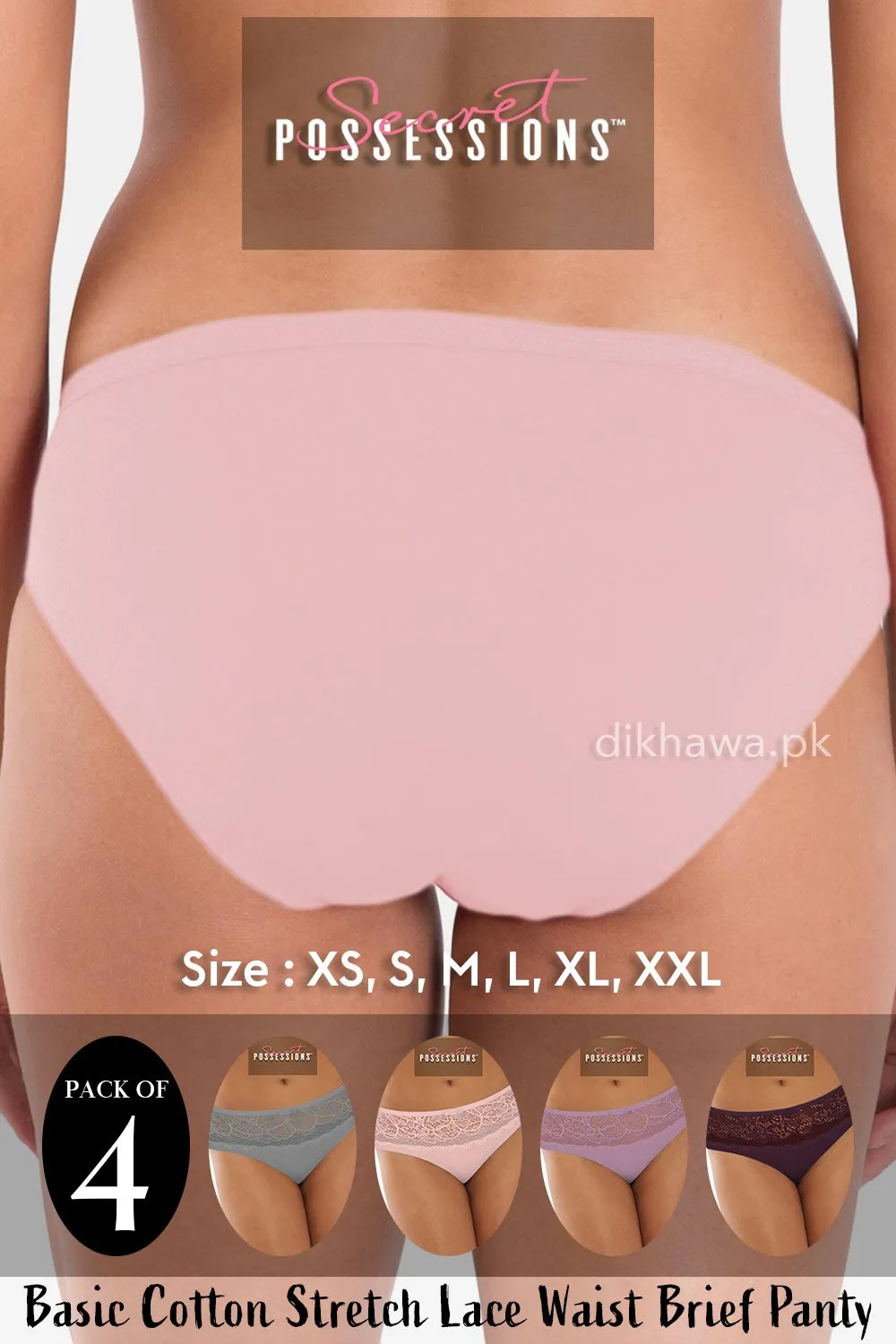 Secret Possessions Panty - Basic Cotton Stretch Lace Waist Brief Panty Pack of 4