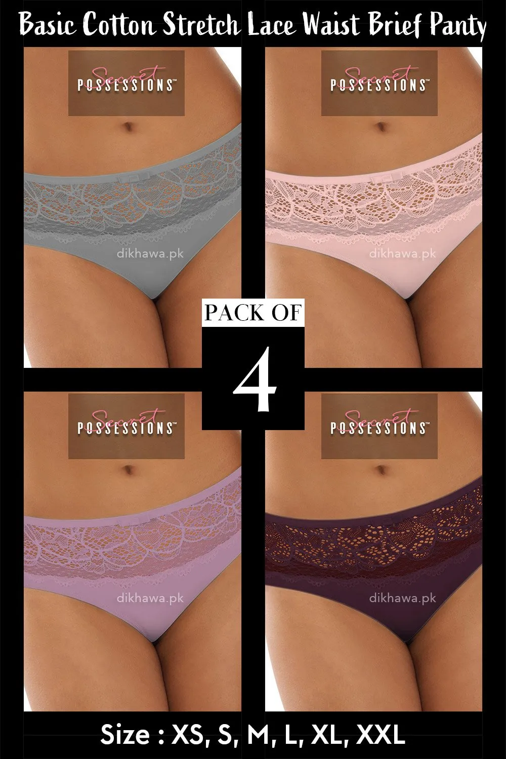 Secret Possessions Panty - Basic Cotton Stretch Lace Waist Brief Panty Pack of 4