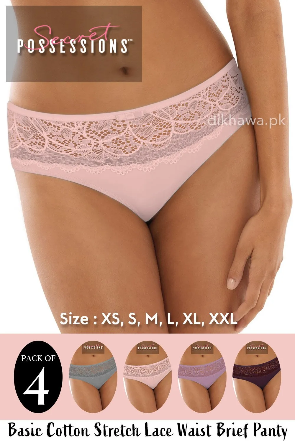 Secret Possessions Panty - Basic Cotton Stretch Lace Waist Brief Panty Pack of 4