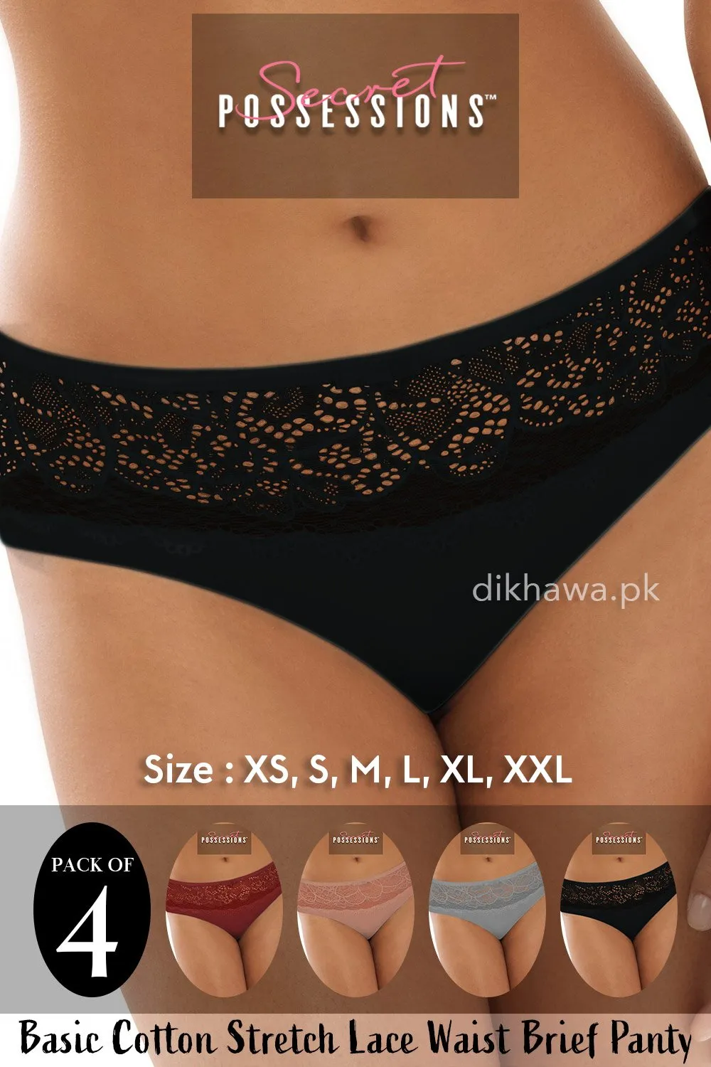 Secret Possessions Panty - Basic Cotton Stretch Lace Waist Brief Panty Pack of 4