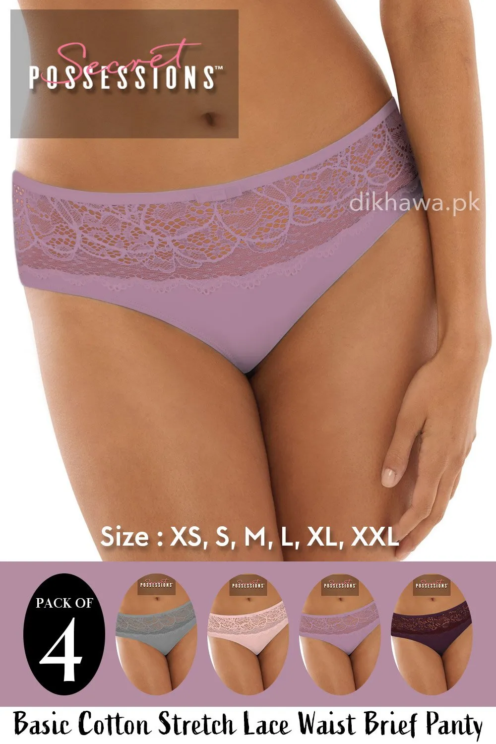 Secret Possessions Panty - Basic Cotton Stretch Lace Waist Brief Panty Pack of 4