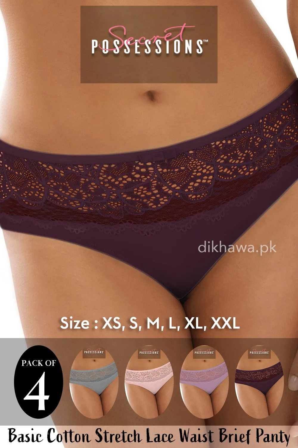 Secret Possessions Panty - Basic Cotton Stretch Lace Waist Brief Panty Pack of 4