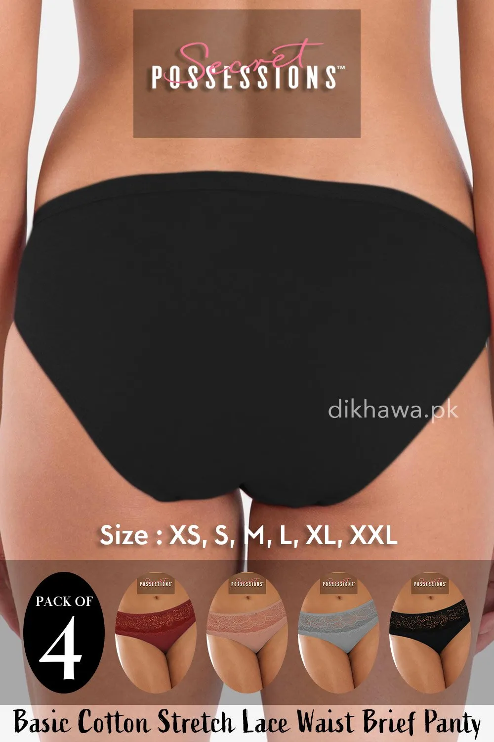 Secret Possessions Panty - Basic Cotton Stretch Lace Waist Brief Panty Pack of 4