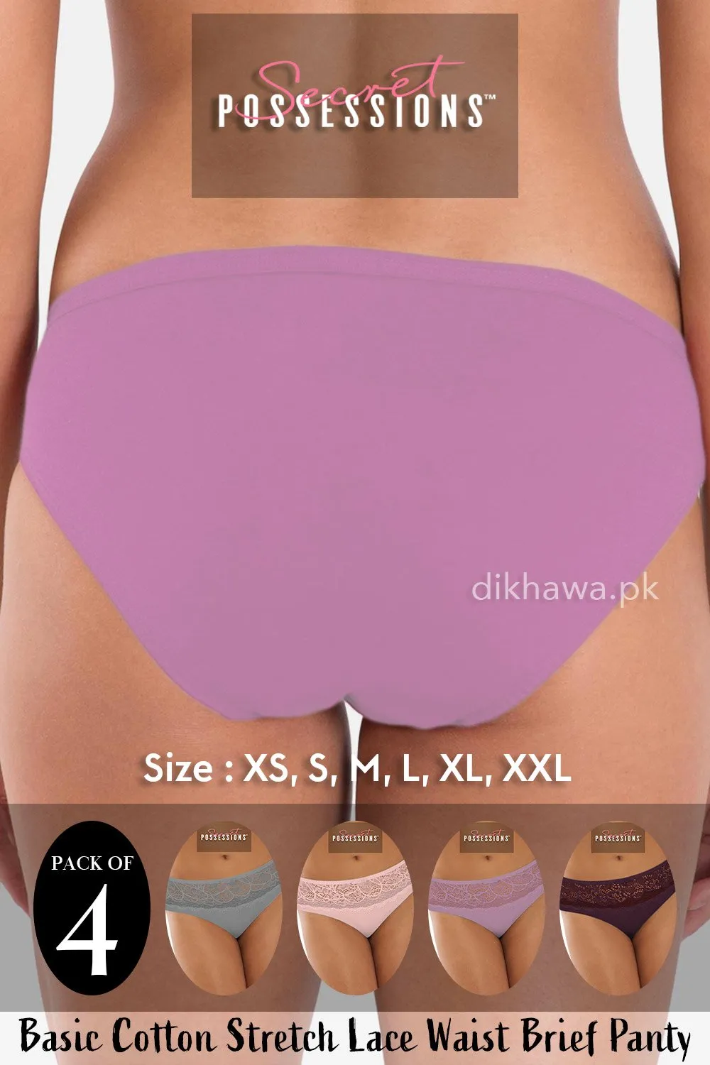 Secret Possessions Panty - Basic Cotton Stretch Lace Waist Brief Panty Pack of 4