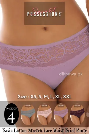 Secret Possessions Panty - Basic Cotton Stretch Lace Waist Brief Panty Pack of 4