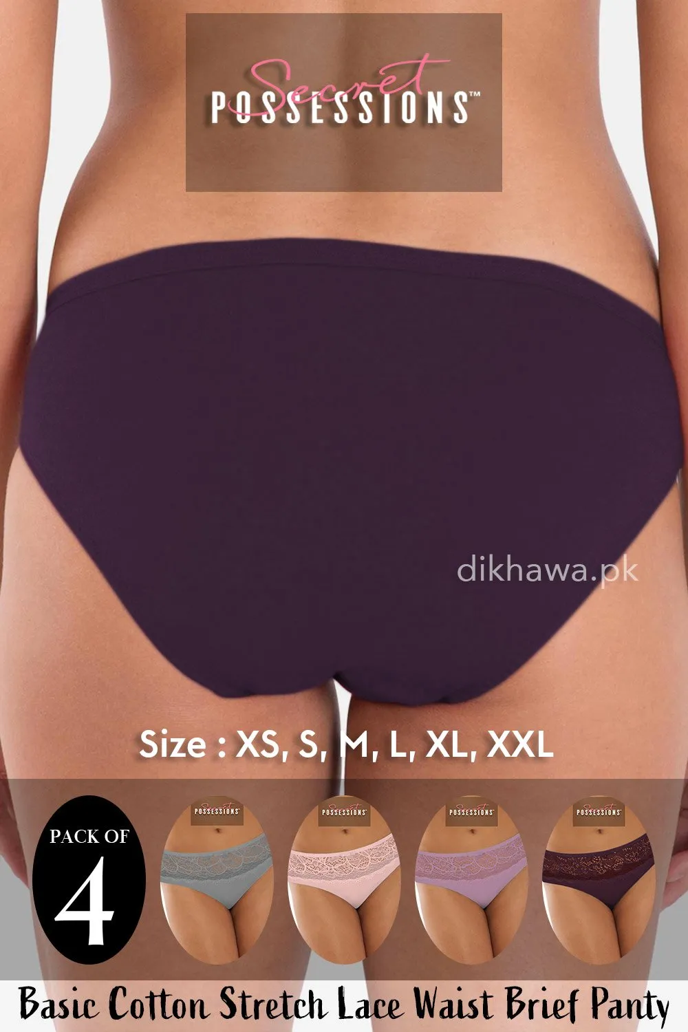 Secret Possessions Panty - Basic Cotton Stretch Lace Waist Brief Panty Pack of 4