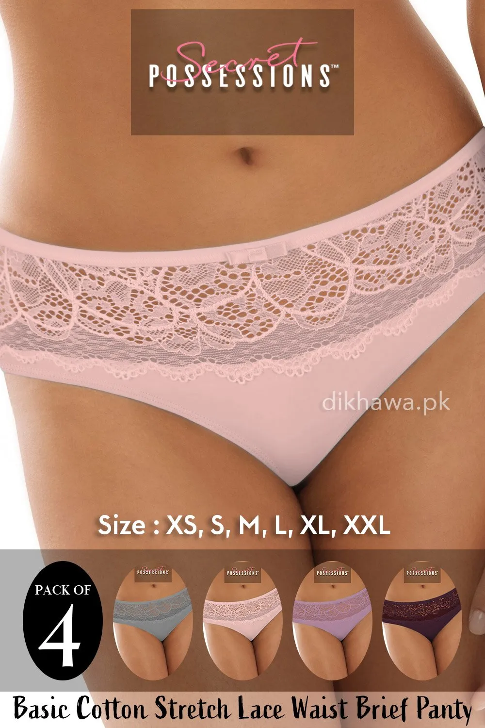 Secret Possessions Panty - Basic Cotton Stretch Lace Waist Brief Panty Pack of 4
