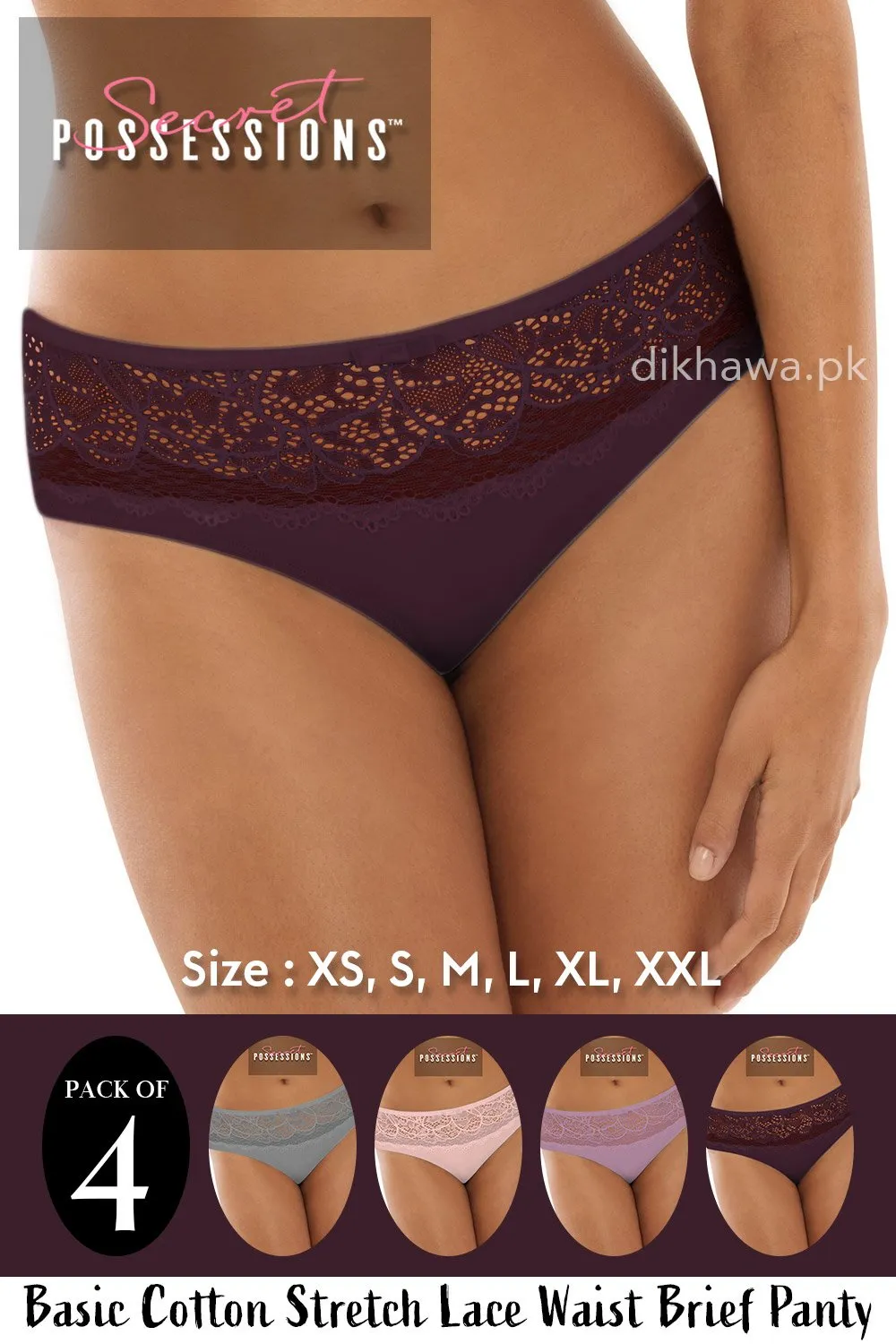 Secret Possessions Panty - Basic Cotton Stretch Lace Waist Brief Panty Pack of 4
