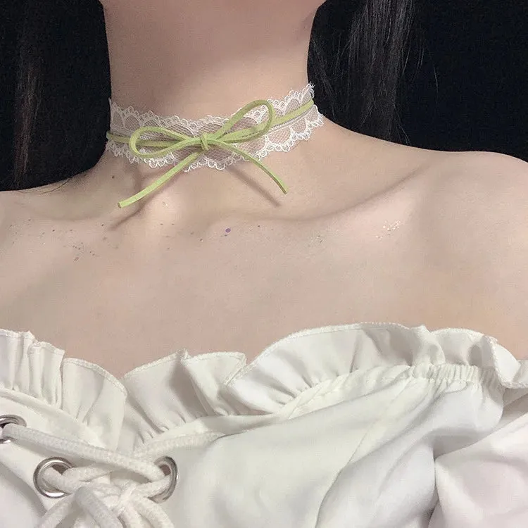 Sen series soft sister jewelry girl green neck band peach heart bow neck chain Choker collar collarbone chain necklace