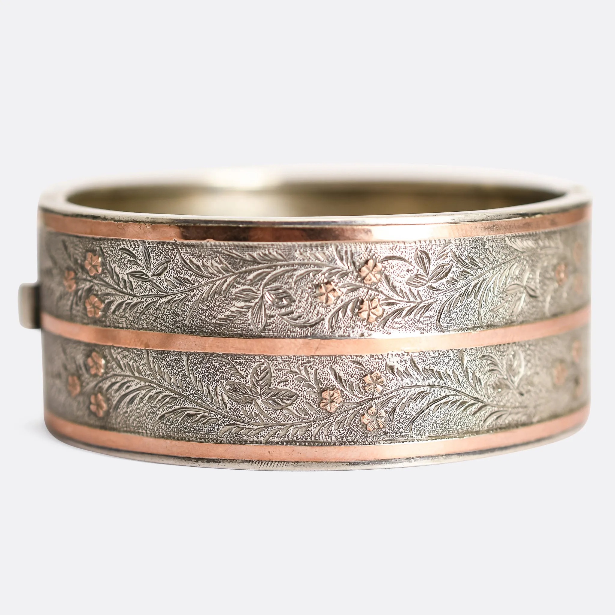Set of Three Victorian Silver Cuff Bangles with Rose Gold Inlay