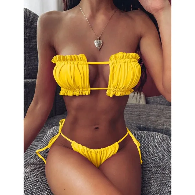 Sexy Bikini Pleated Bandeau Swimsuit Female Swimwear Women Mini Thong Bikini Set Bather Swimming Beachwear for Bathing Suit