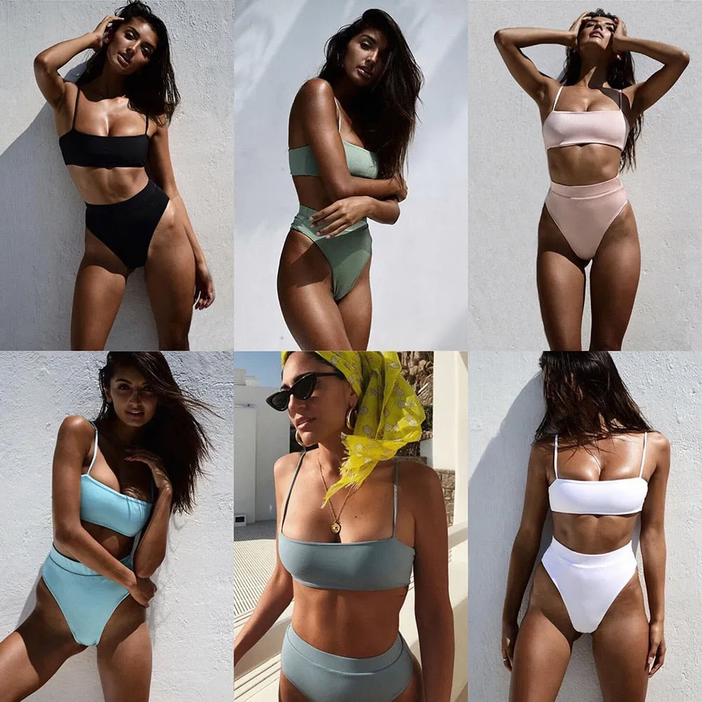 Sexy Bikinis Solid Push Up Bikini Padded Bra High Waist Swimwear Women