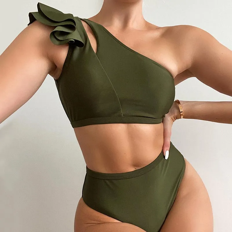 Sexy High Waist Bikini One Shoulder Women Swimsuit Ruffle Biquinis