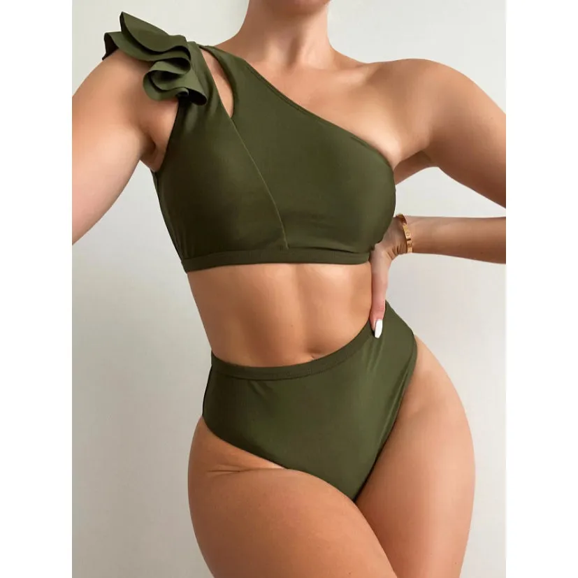 Sexy High Waist Bikini One Shoulder Women Swimsuit Ruffle Biquinis