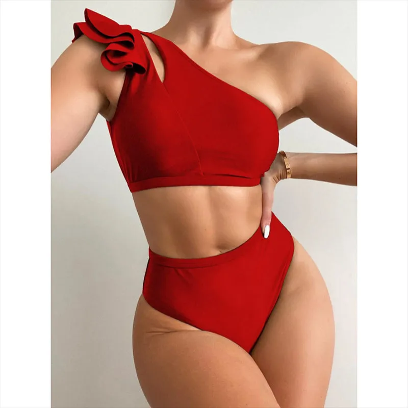 Sexy High Waist Bikini One Shoulder Women Swimsuit Ruffle Biquinis