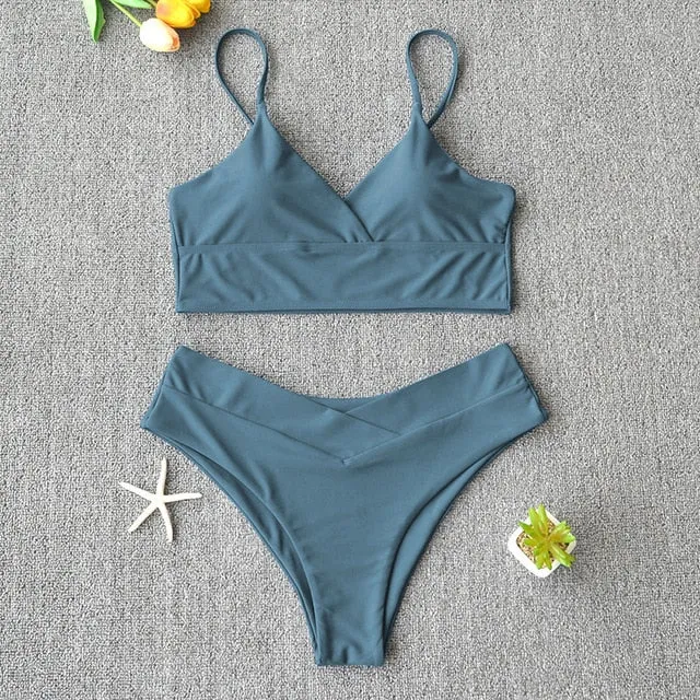 Sexy Solid Swimsuit  Bikini Push Up Swimwear Vest Bikini Set
