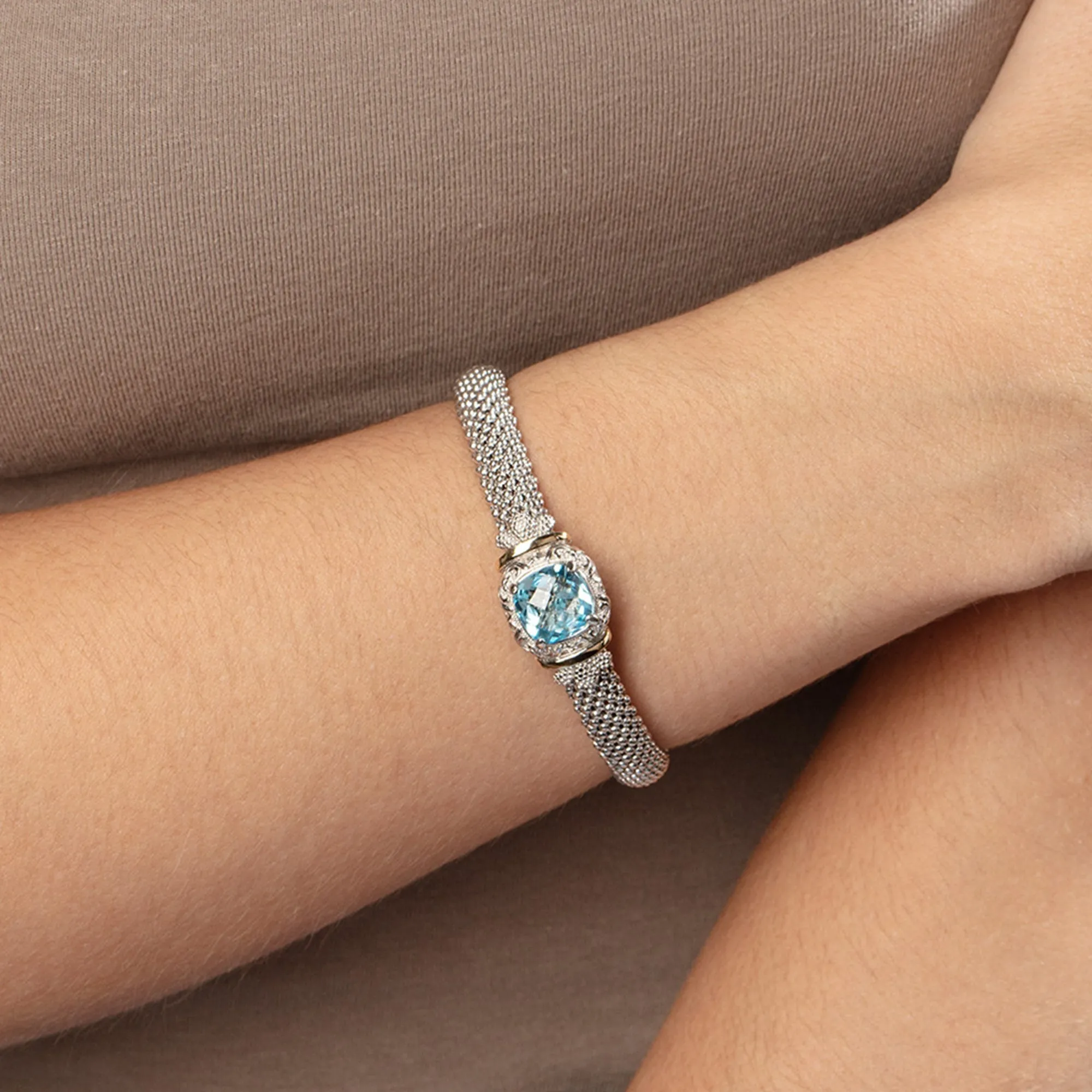 Silver & 18K Gold Cushion-Cut Blue Topaz Bracelet
