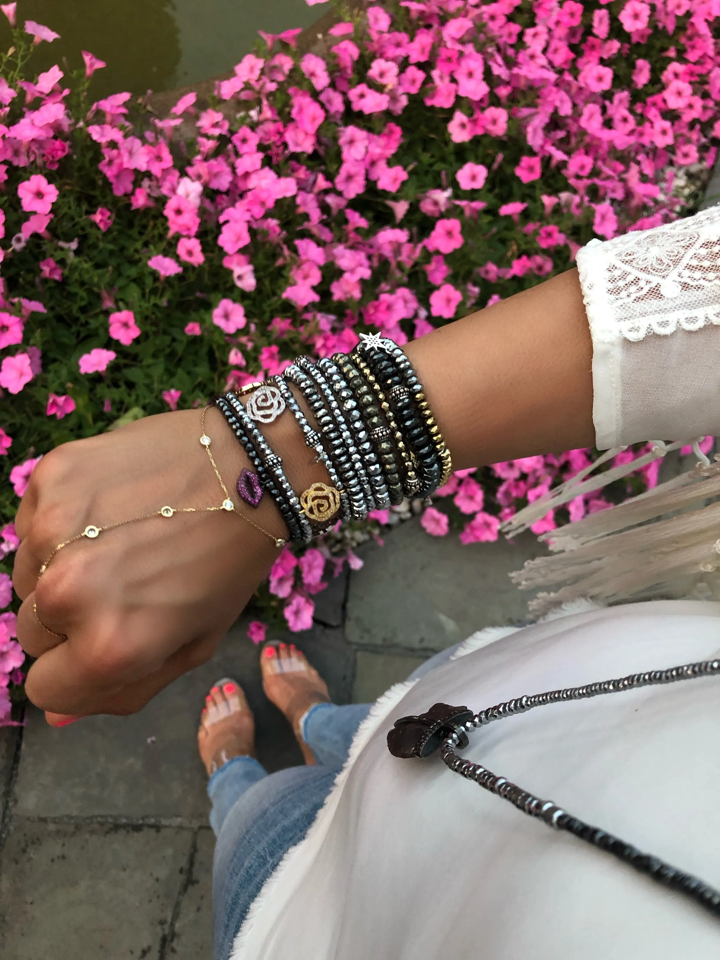 Silver & Gold Rose Charm Cuff Bracelet
