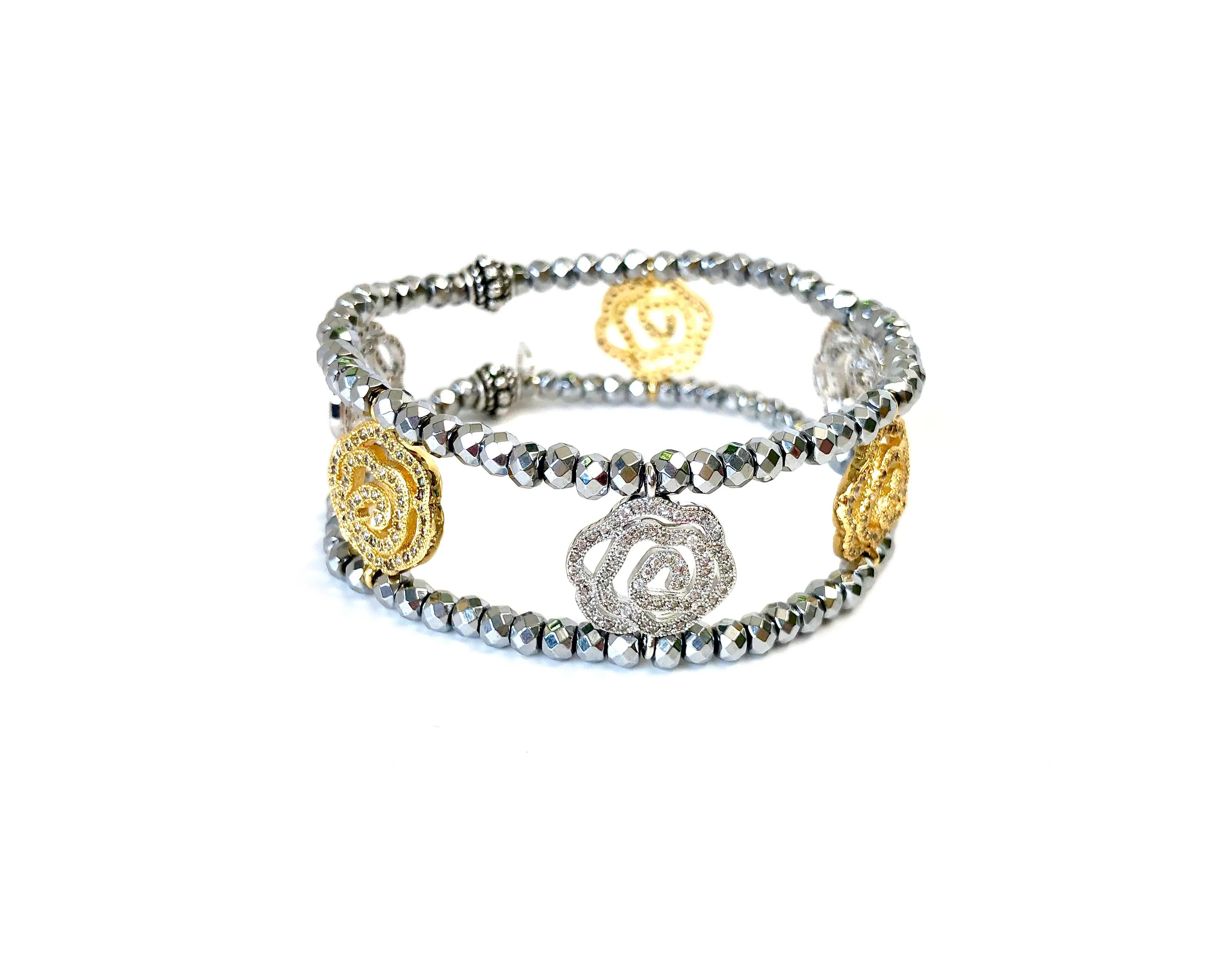 Silver & Gold Rose Charm Cuff Bracelet