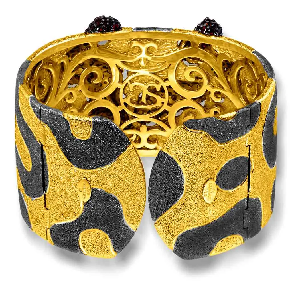 Silver Cora Pattern Cuff Bracelet with Red Garnet