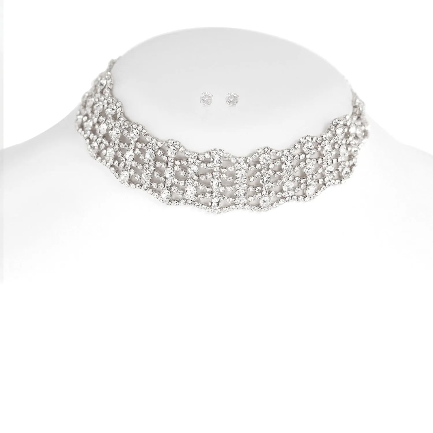 SILVER CRYSTAL EARRRINGS AND CHOKER NECKLACES #SQ5792S