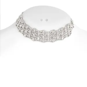 SILVER CRYSTAL EARRRINGS AND CHOKER NECKLACES #SQ5792S