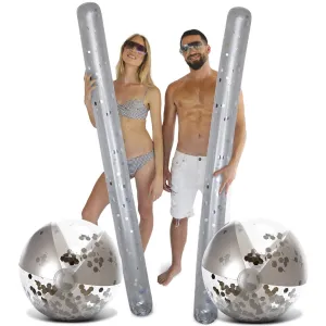 Silver Inflatable Beach Balls and Giant Pool Noodles 4 Pack74 X
