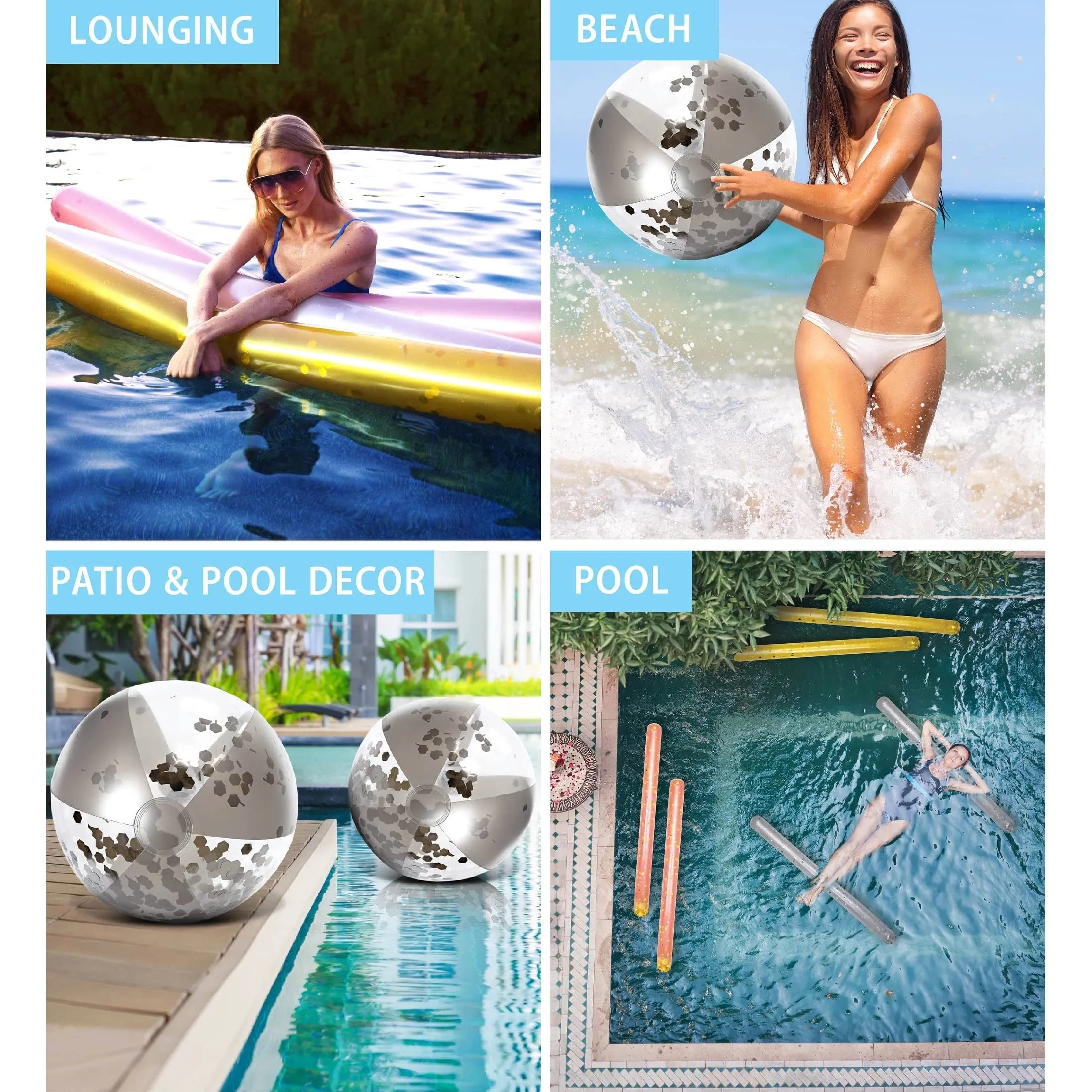 Silver Inflatable Beach Balls and Giant Pool Noodles 4 Pack74 X