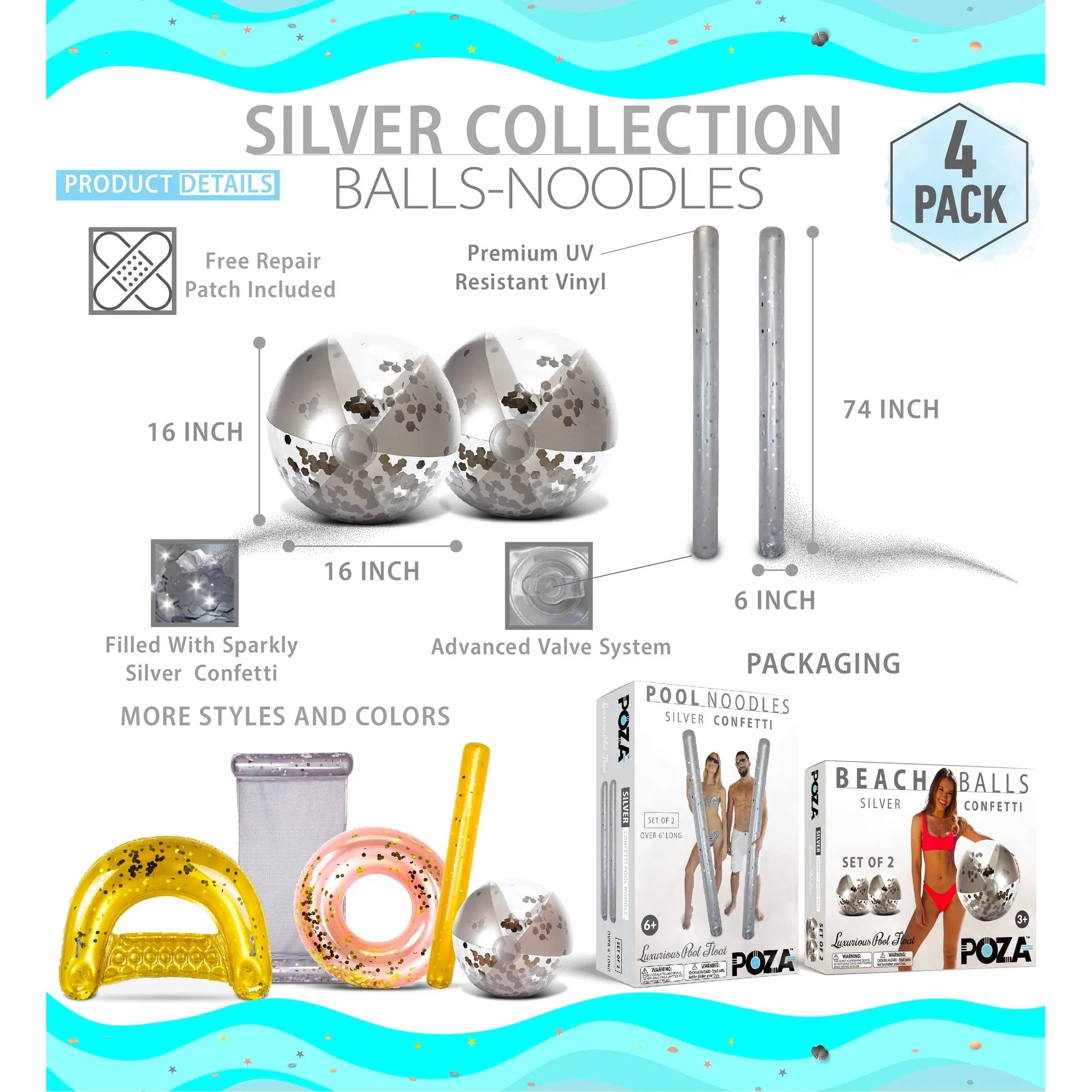 Silver Inflatable Beach Balls and Giant Pool Noodles 4 Pack74 X