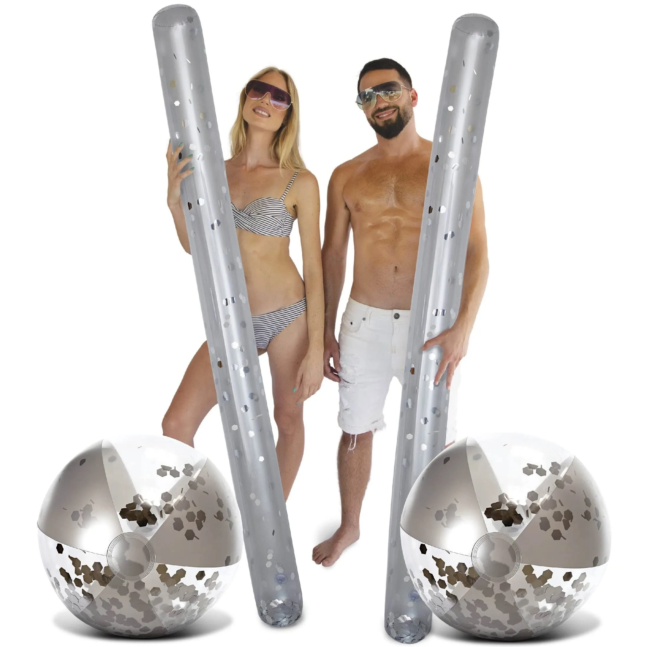 Silver Inflatable Beach Balls and Giant Pool Noodles 4 Pack74 X