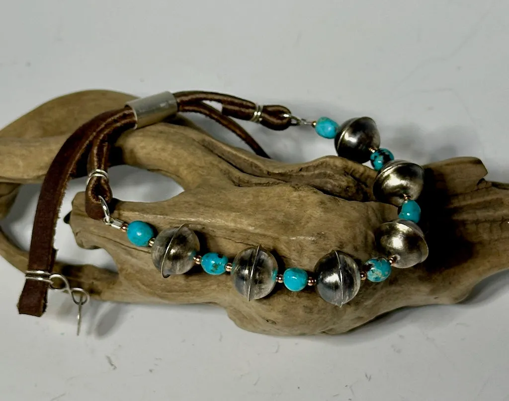 SILVER PEARL AND TURQUOISE ADJUSTABLE BRACELET