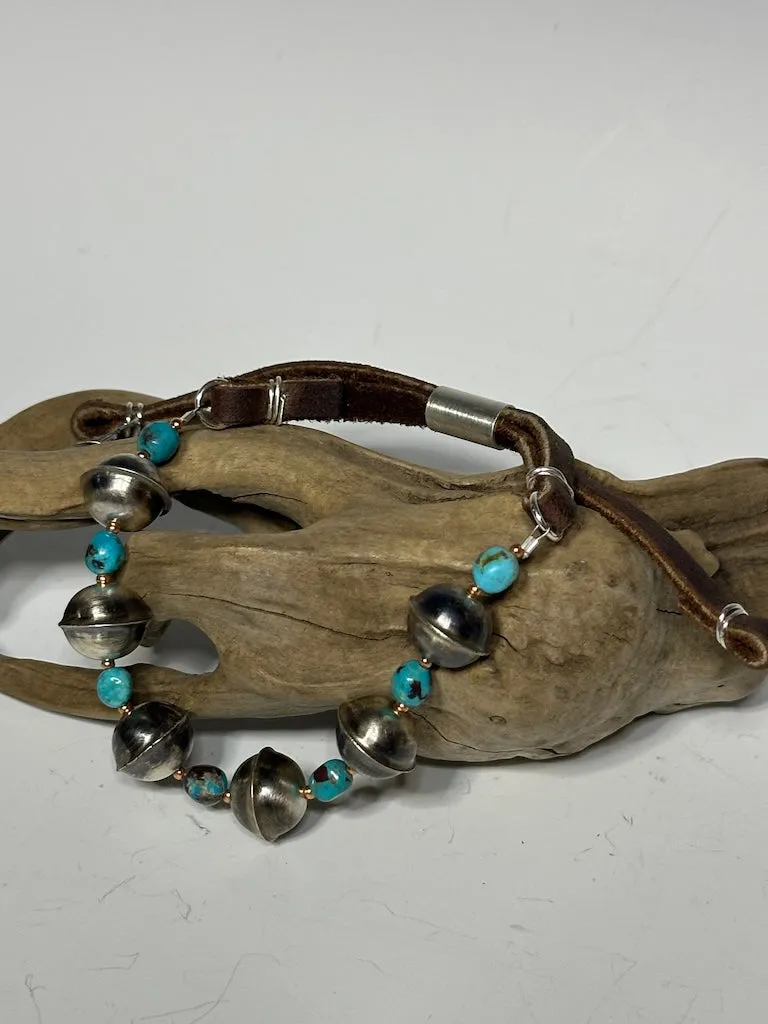 SILVER PEARL AND TURQUOISE ADJUSTABLE BRACELET