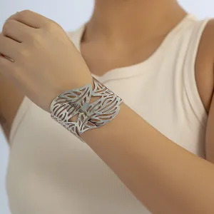 Silver-Plated Openwork Leaves Cuff Bracelet