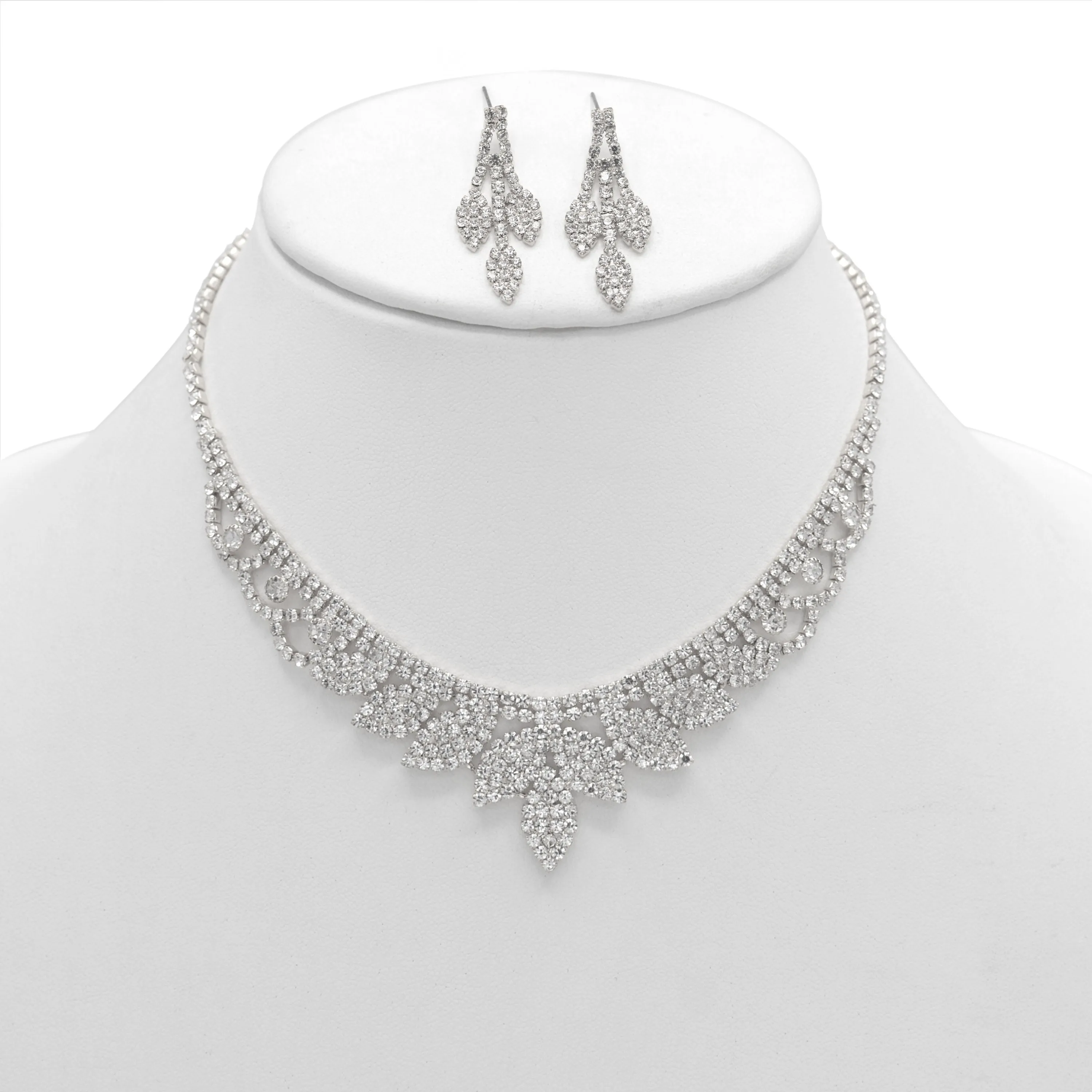SILVER RHINESTONE CRYSTAL NECKLACE AND EARRINGS SET #SQXX0830001S(TF11)