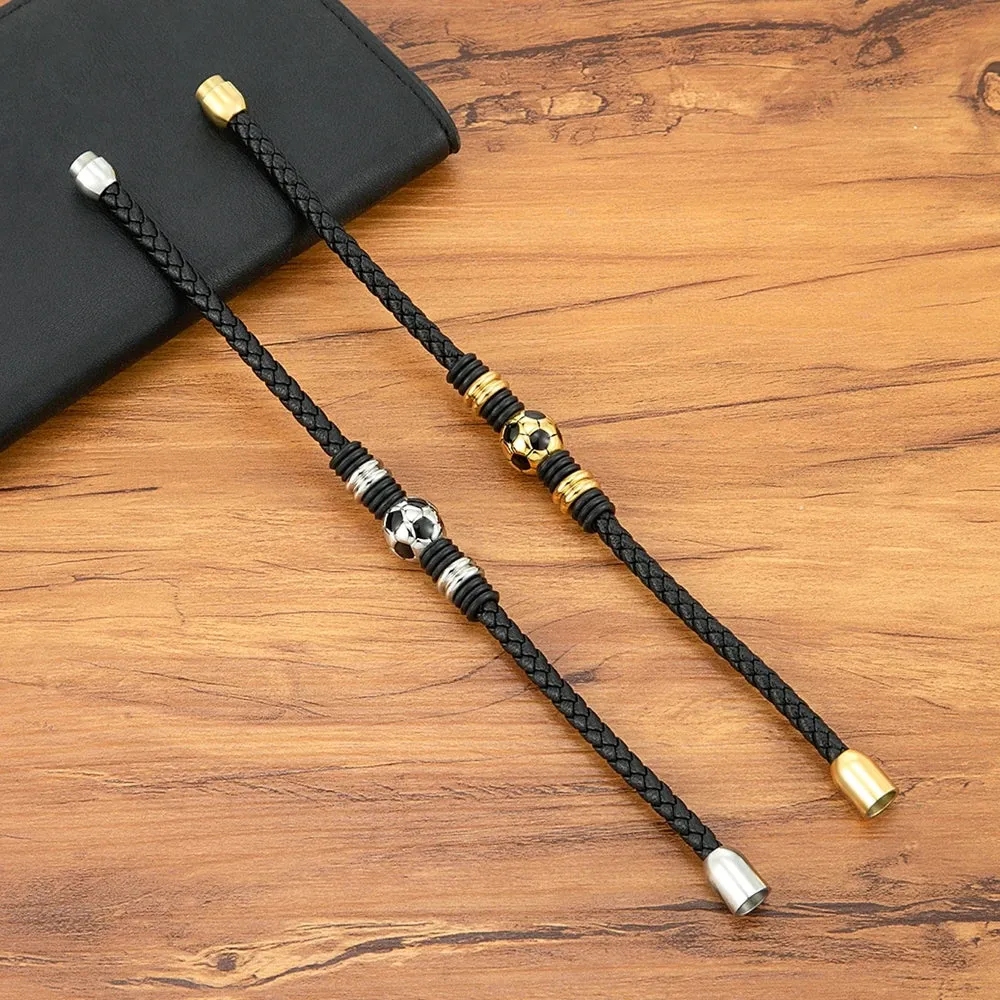 Simple Black Leather Bracelet with Stainless Steel Football Button - Hand-Woven Men's Charm Jewelry Gift