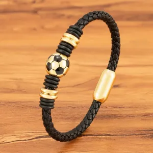 Simple Black Leather Bracelet with Stainless Steel Football Button - Hand-Woven Men's Charm Jewelry Gift
