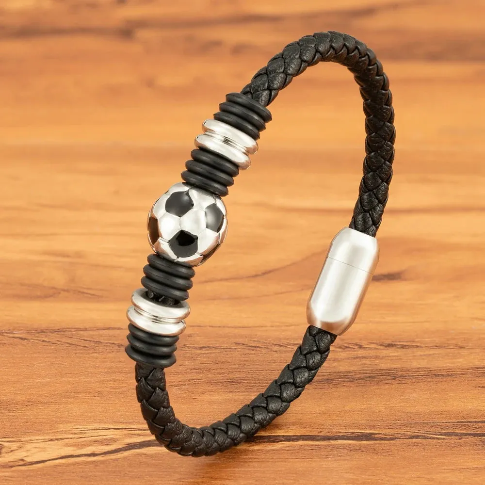 Simple Black Leather Bracelet with Stainless Steel Football Button - Hand-Woven Men's Charm Jewelry Gift