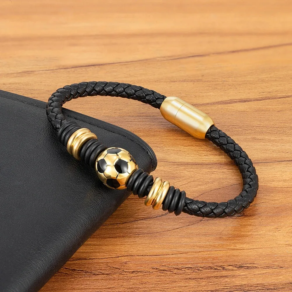 Simple Black Leather Bracelet with Stainless Steel Football Button - Hand-Woven Men's Charm Jewelry Gift