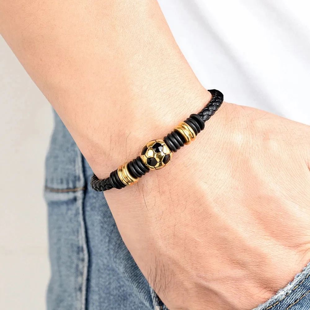 Simple Black Leather Bracelet with Stainless Steel Football Button - Hand-Woven Men's Charm Jewelry Gift