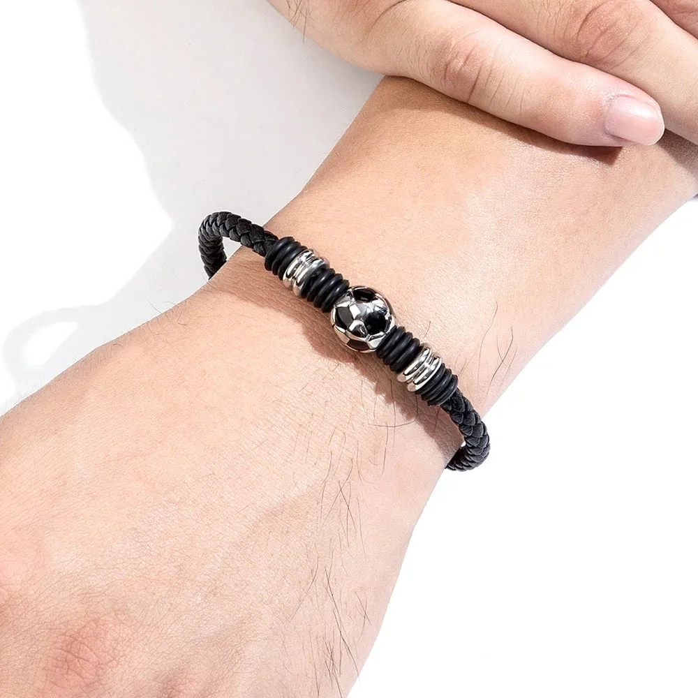 Simple Black Leather Bracelet with Stainless Steel Football Button - Hand-Woven Men's Charm Jewelry Gift