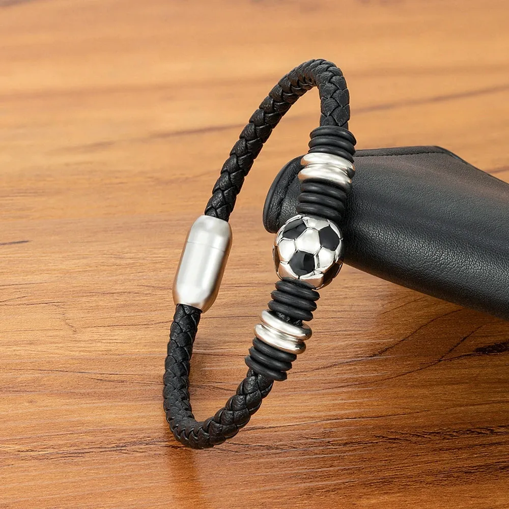 Simple Black Leather Bracelet with Stainless Steel Football Button - Hand-Woven Men's Charm Jewelry Gift