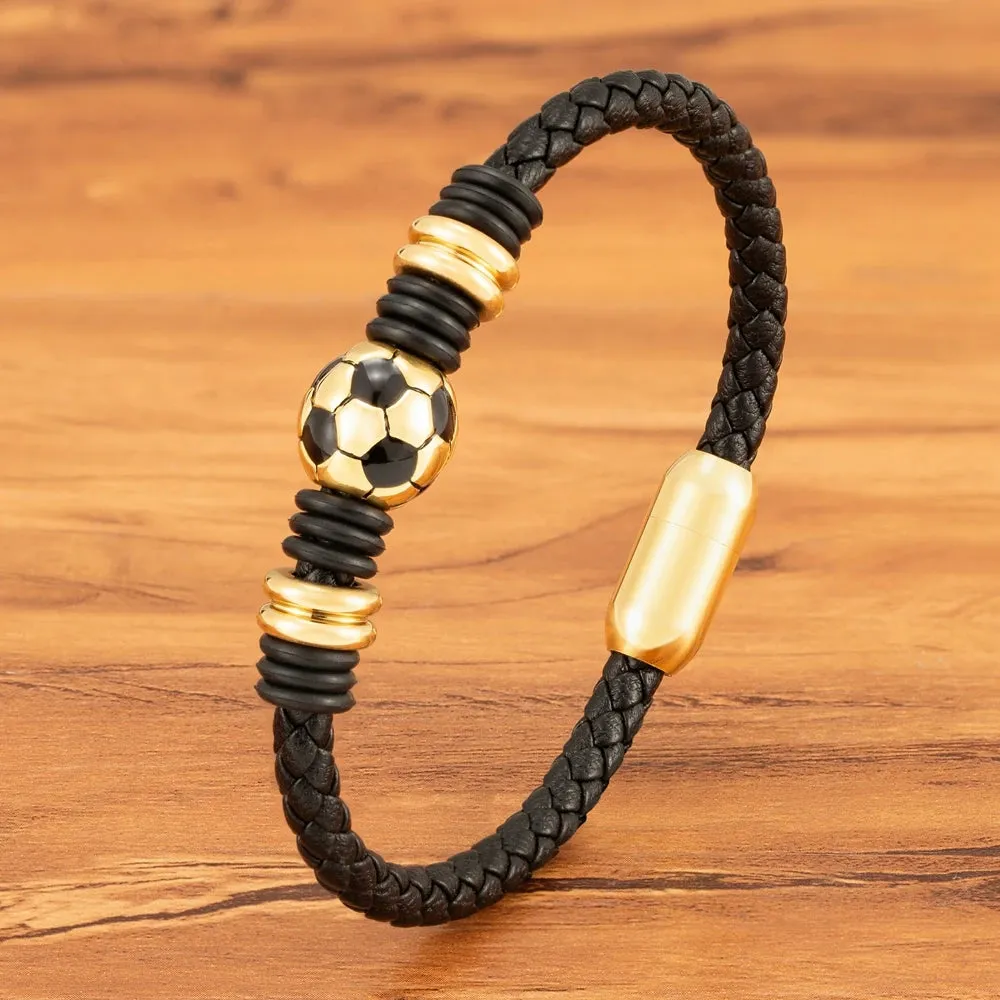 Simple Black Leather Bracelet with Stainless Steel Football Button - Hand-Woven Men's Charm Jewelry Gift