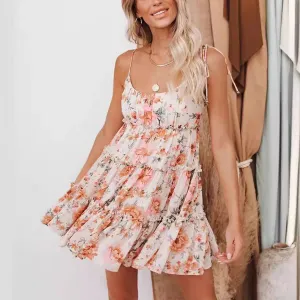 Simple print low-cut sexy short halter chiffon dress
