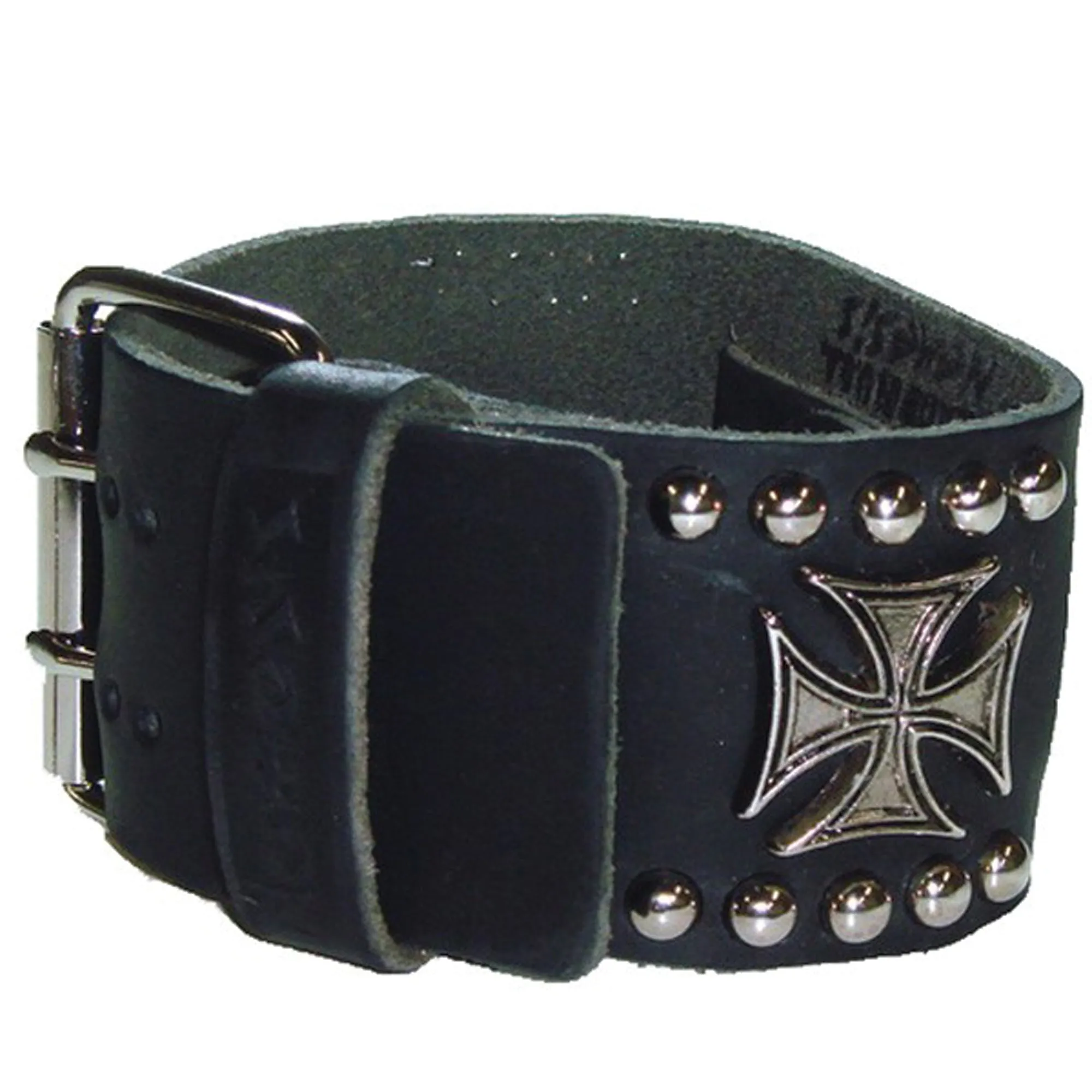 Skull Cross Black Watch with Iron Cross Studded Black Leather Cuff