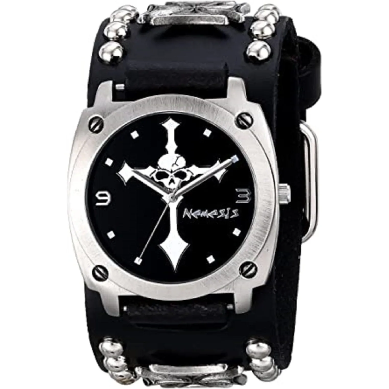 Skull Cross Black Watch with Iron Cross Studded Black Leather Cuff