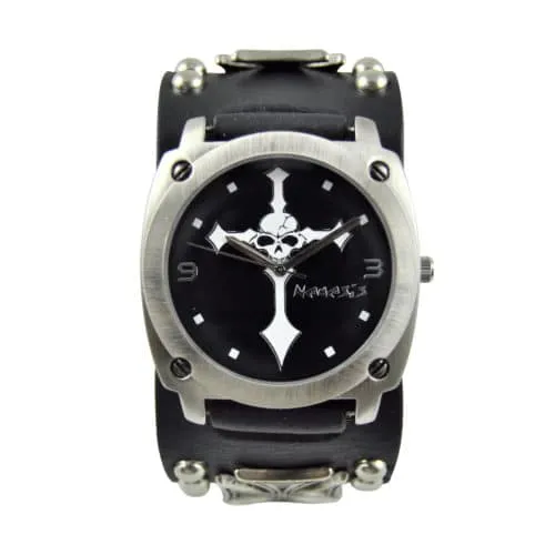 Skull Cross Black Watch with Iron Cross Studded Black Leather Cuff