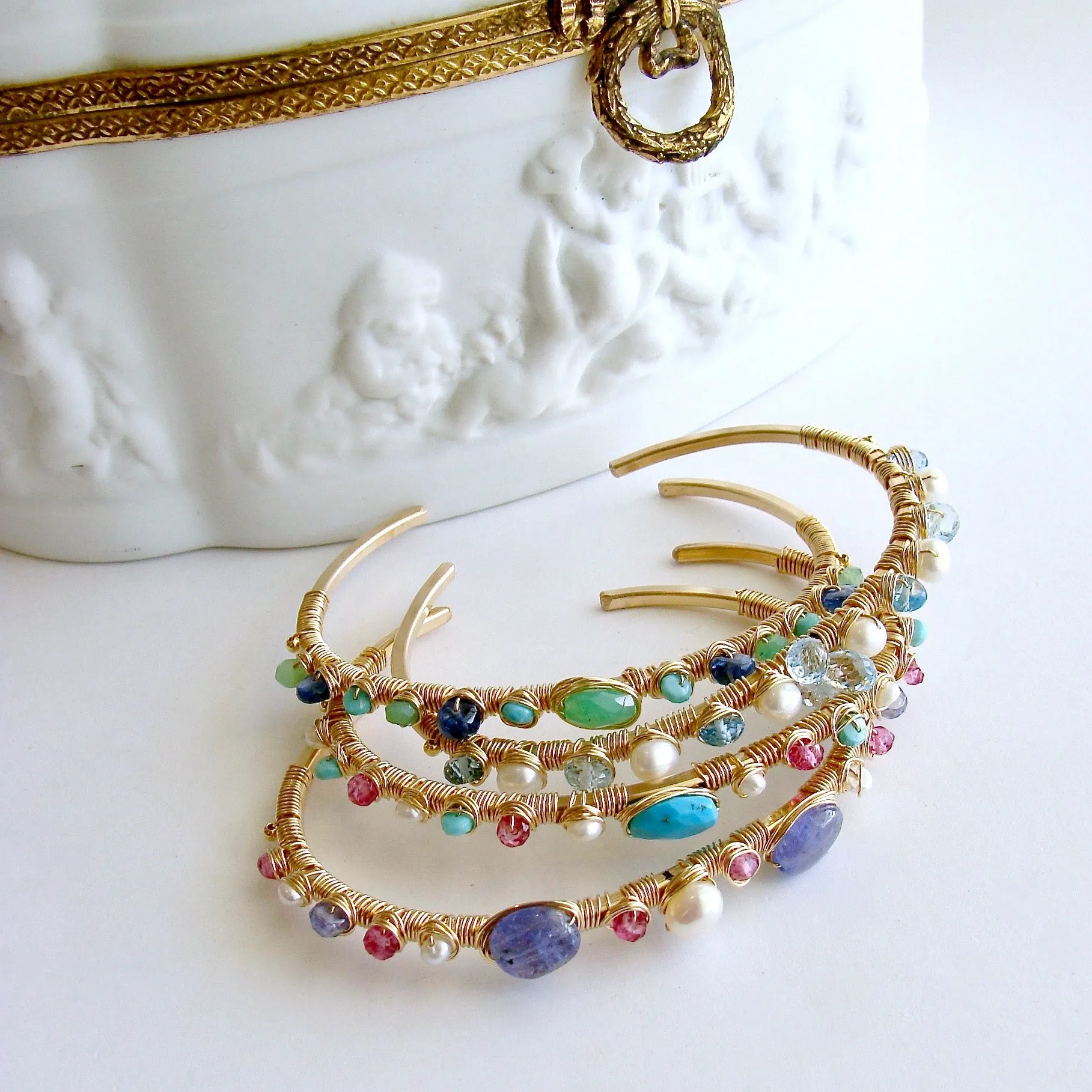 Sleeping Beauty Turquoise Pink Topaz Seed Pearls Hand Wrapped Cuff Bracelet - Ainsley Stacking Bracelet